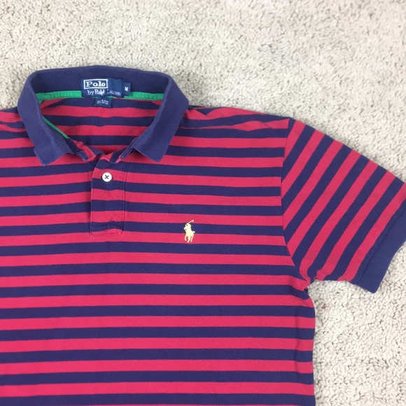 blue and red striped polo shirt